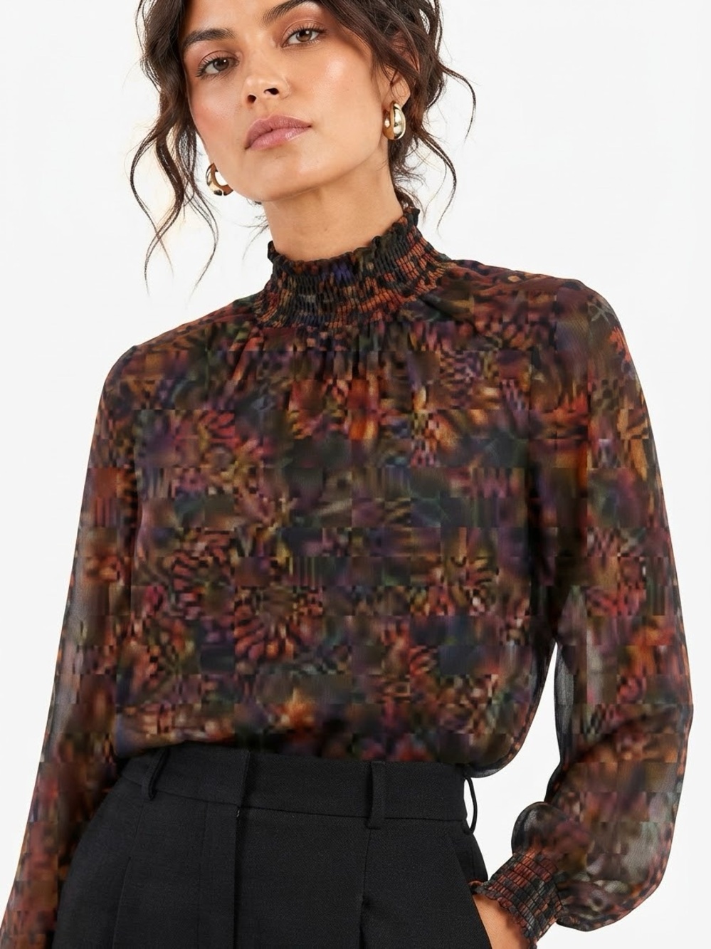 H&M| Brown & Black Multicolour Smocked-Neck Fall Floral Blouse Sz 6
